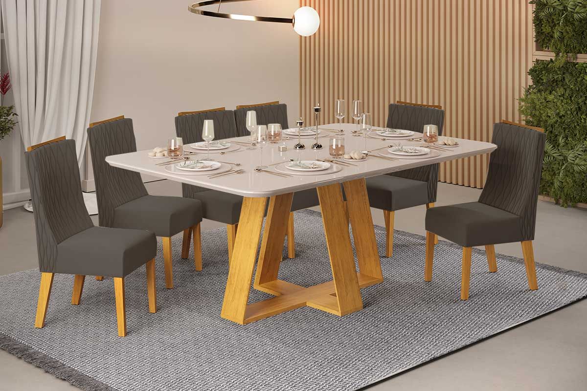 Sala de Jantar Completa Celeste c/ Tampo Madeirado c/ Vidro Curvo 160x90cm e 6 Cadeiras Jade - DJ Móveis