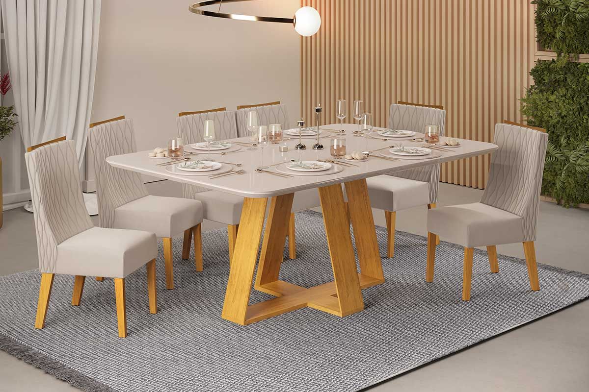 Sala de Jantar Completa Celeste c/ Tampo Madeirado c/ Vidro Curvo 160x90cm e 6 Cadeiras Jade - DJ Móveis
