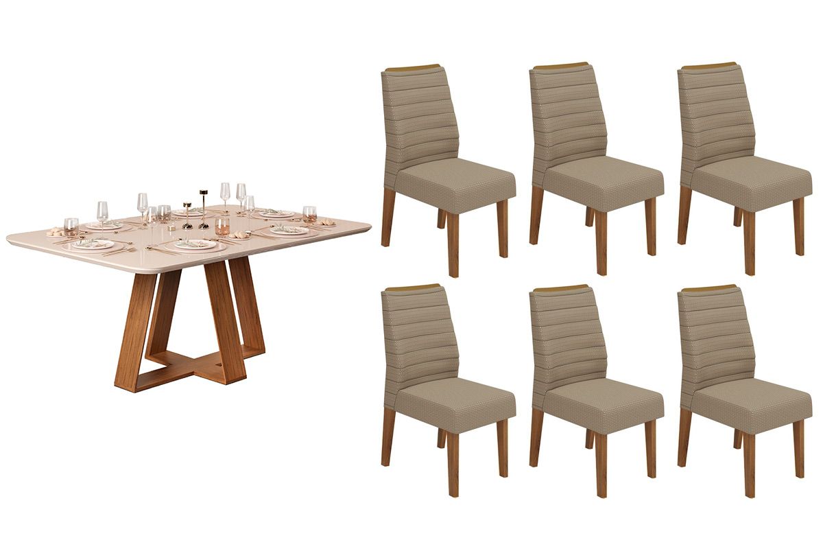 Sala de Jantar Completa Celeste c/ Tampo Madeirado c/ Vidro Curvo 160x90cm e 6 Cadeiras Ondina - DJ Móveis