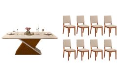 Sala de Jantar Completa Zafira c/ Tampo Madeirado c/ Vidro Curvo 200x100cm e 8 Cadeiras Talia - DJ Móveis