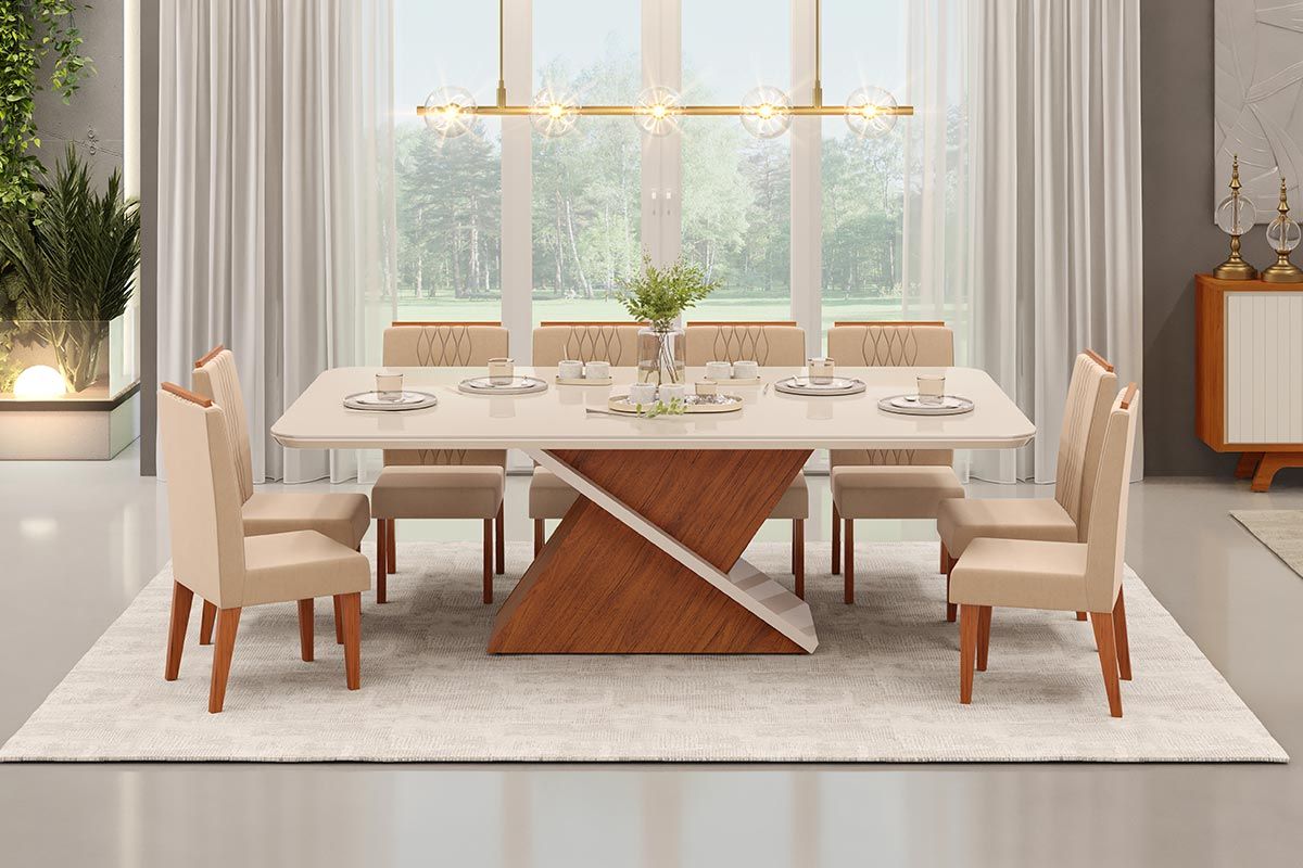 Sala de Jantar Completa Zafira c/ Tampo Madeirado c/ Vidro Curvo 200x100cm e 8 Cadeiras Lia - DJ Móveis