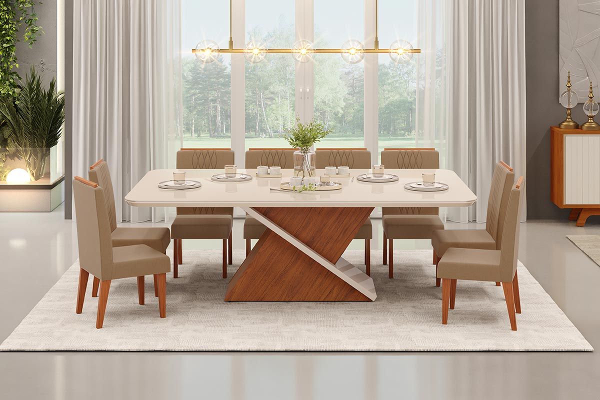 Sala de Jantar Completa Zafira c/ Tampo Madeirado c/ Vidro Curvo 200x100cm e 8 Cadeiras Lia - DJ Móveis
