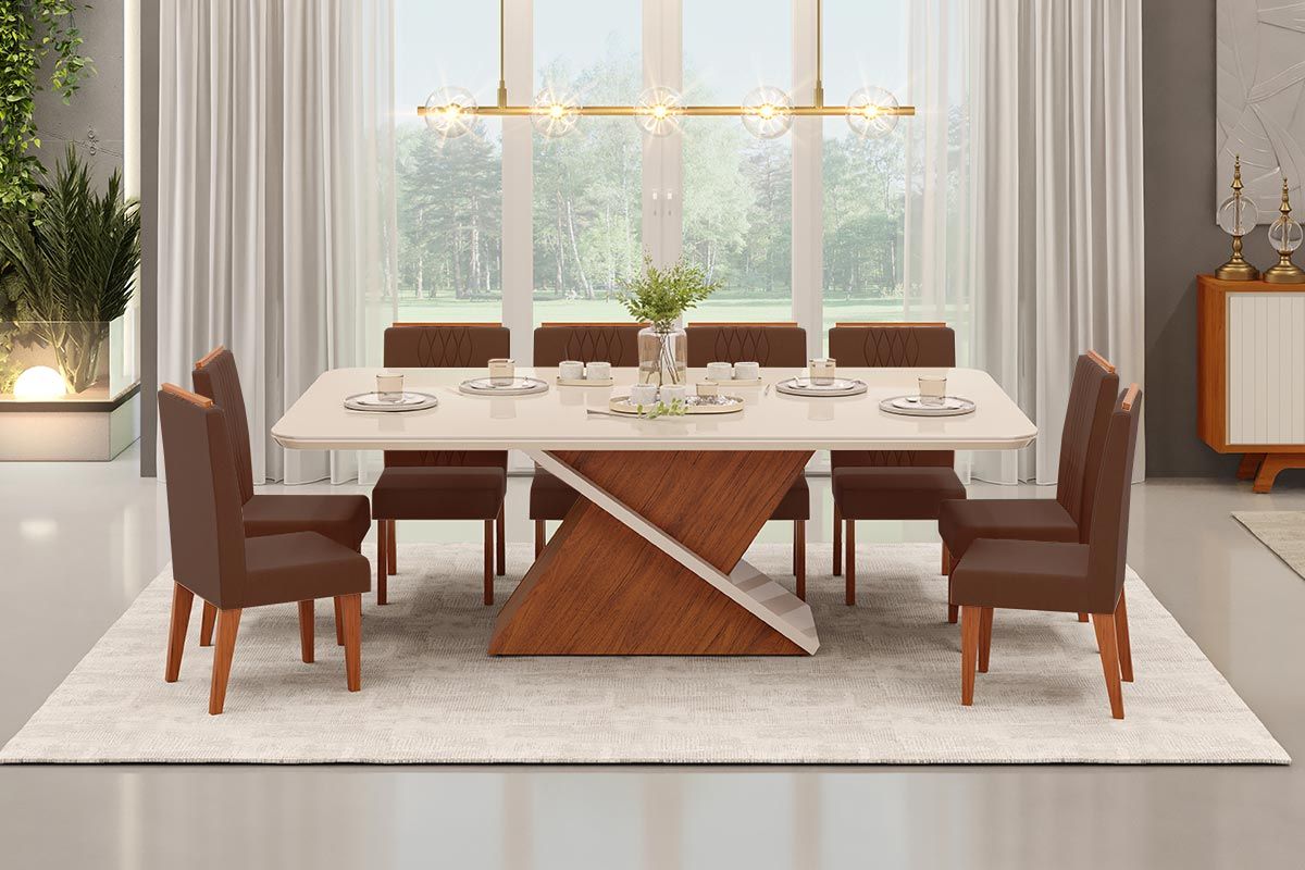 Sala de Jantar Completa Zafira c/ Tampo Madeirado c/ Vidro Curvo 200x100cm e 8 Cadeiras Lia - DJ Móveis