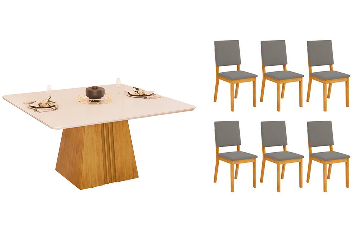 Sala de Jantar Completa Itália c/ Tampo Madeirado c/ Vidro Curvo 136x136cm e 6 Cadeiras Talia - DJ Móveis