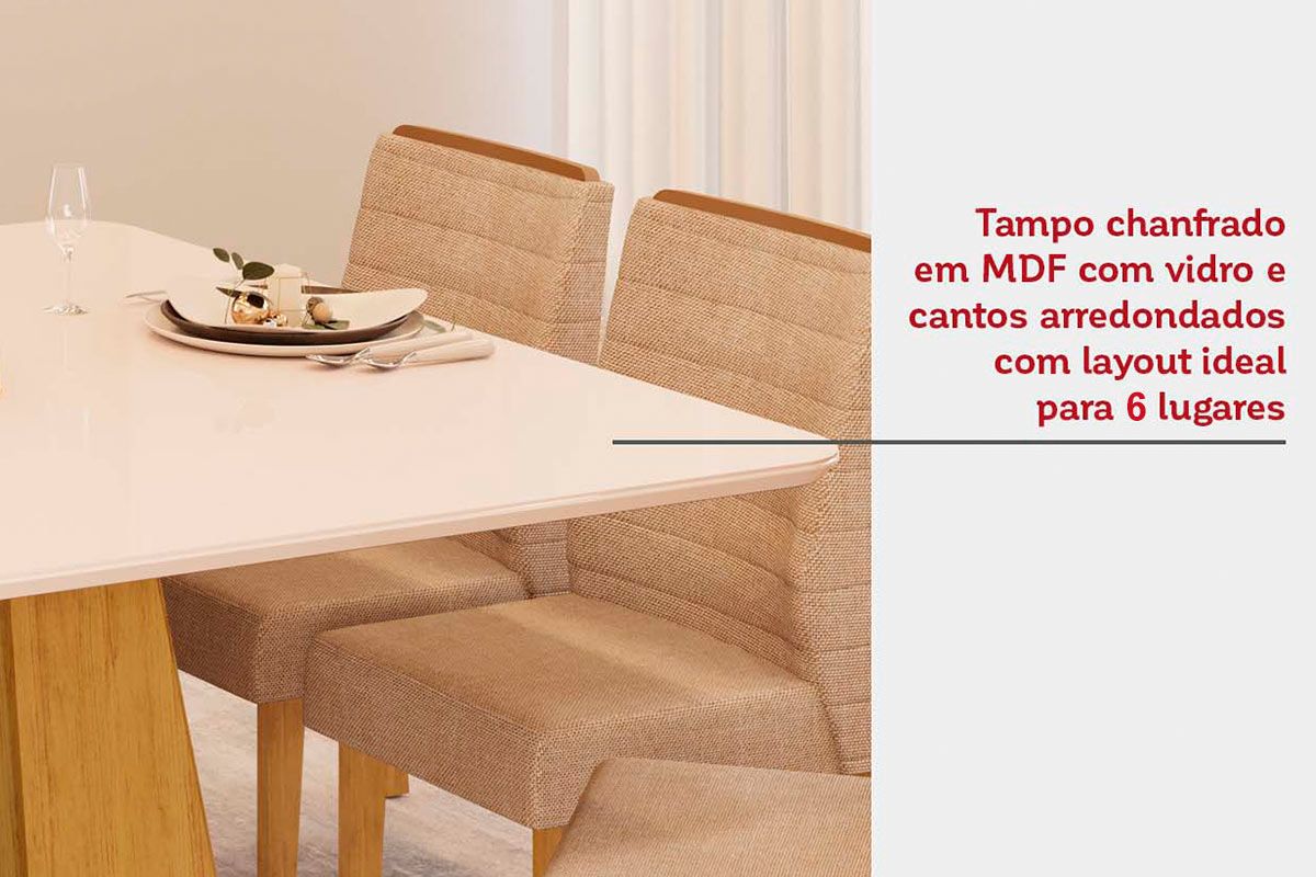 Sala de Jantar Completa Itália c/ Tampo Madeirado c/ Vidro Curvo 136x136cm e 6 Cadeiras Talia - DJ Móveis