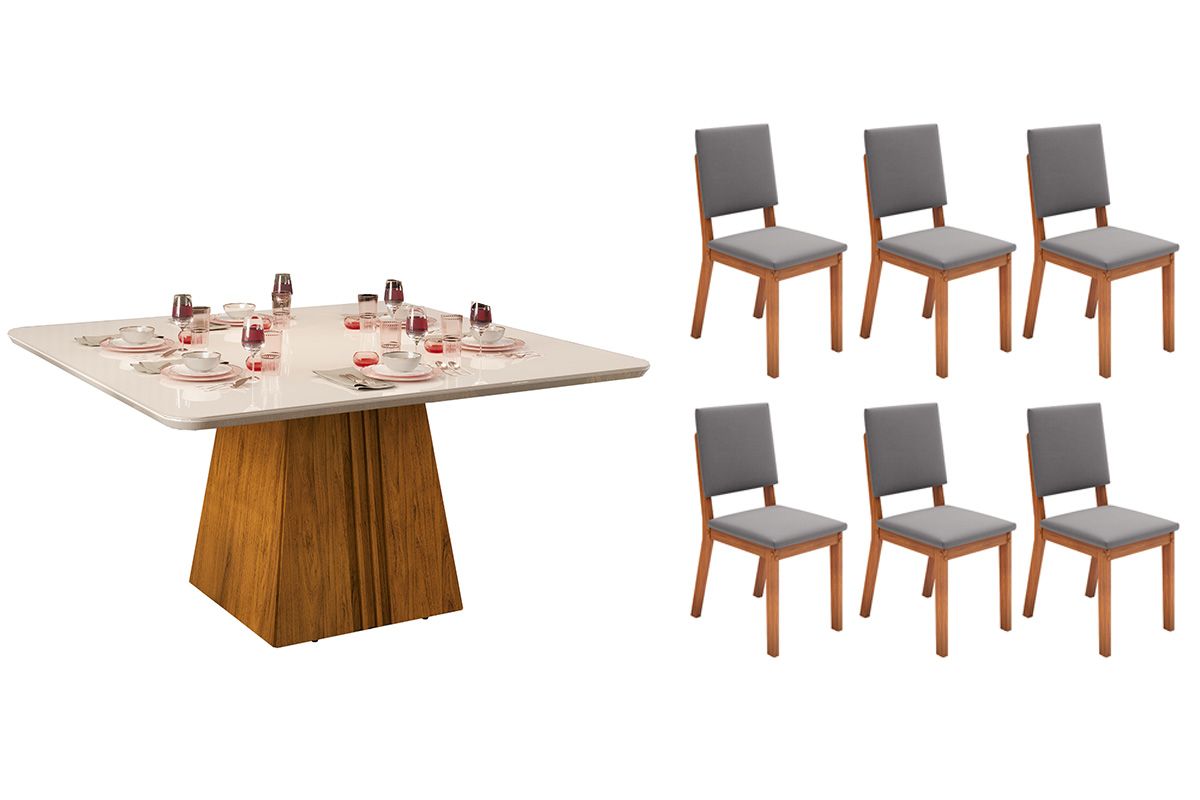 Sala de Jantar Completa Itália c/ Tampo Madeirado c/ Vidro Curvo 136x136cm e 6 Cadeiras Talia - DJ Móveis