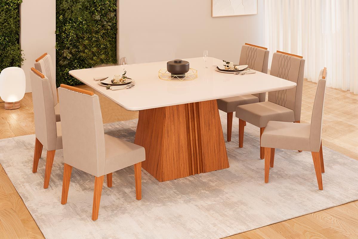 Sala de Jantar Completa Itália c/ Tampo Madeirado c/ Vidro Curvo 136x136cm e 6 Cadeiras Lia - DJ Móveis