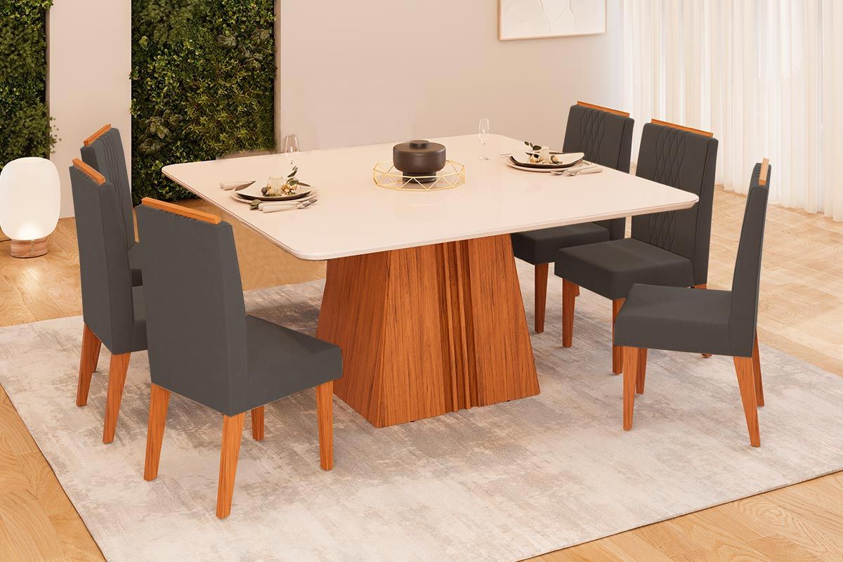 Sala de Jantar Completa Itália c/ Tampo Madeirado c/ Vidro Curvo 136x136cm e 6 Cadeiras Lia - DJ Móveis