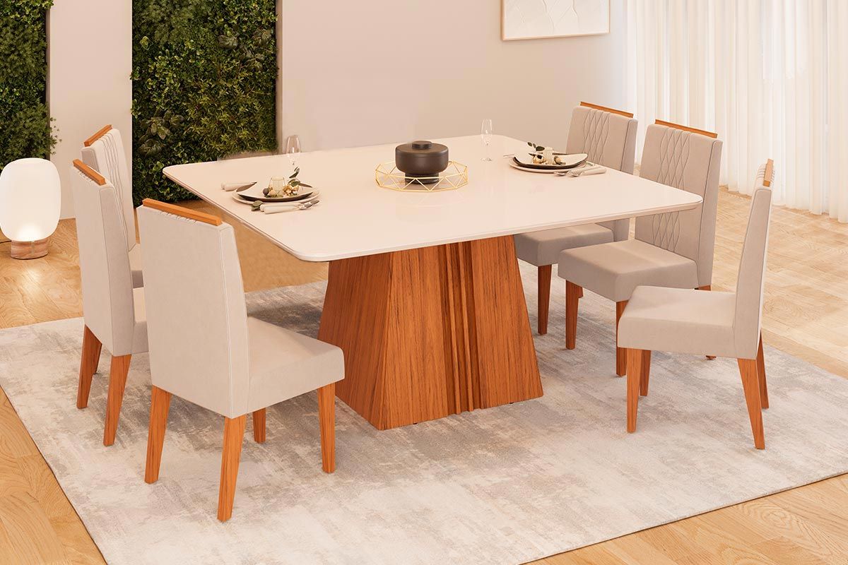Sala de Jantar Completa Itália c/ Tampo Madeirado c/ Vidro Curvo 136x136cm e 6 Cadeiras Lia - DJ Móveis