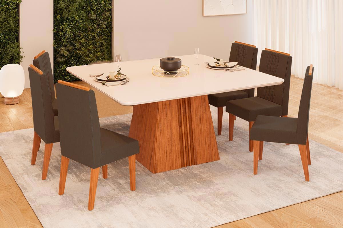 Sala de Jantar Completa Itália c/ Tampo Madeirado c/ Vidro Curvo 136x136cm e 6 Cadeiras Lia - DJ Móveis
