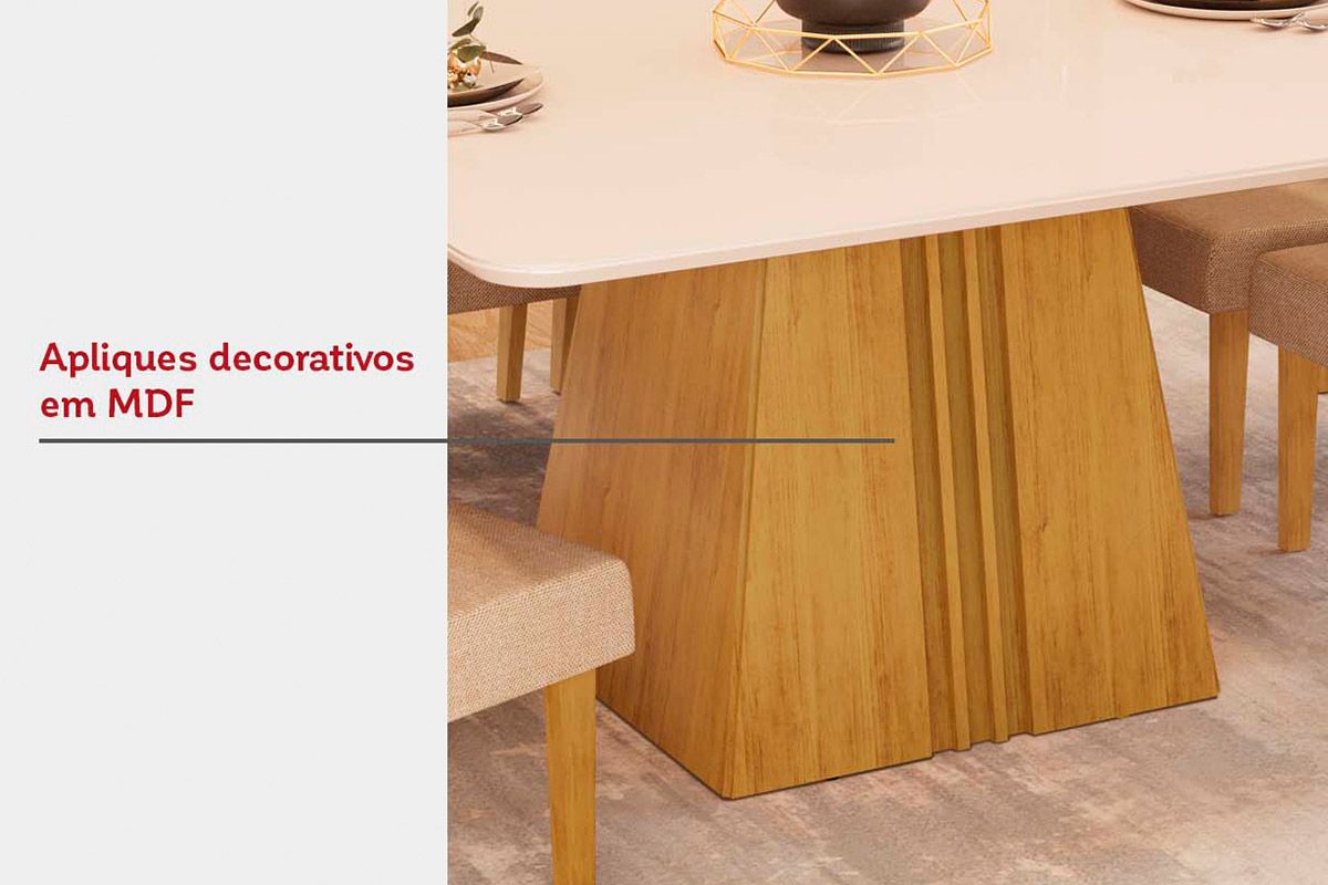 Sala de Jantar Completa Itália c/ Tampo Madeirado c/ Vidro Curvo 136x136cm e 6 Cadeiras Jade - DJ Móveis