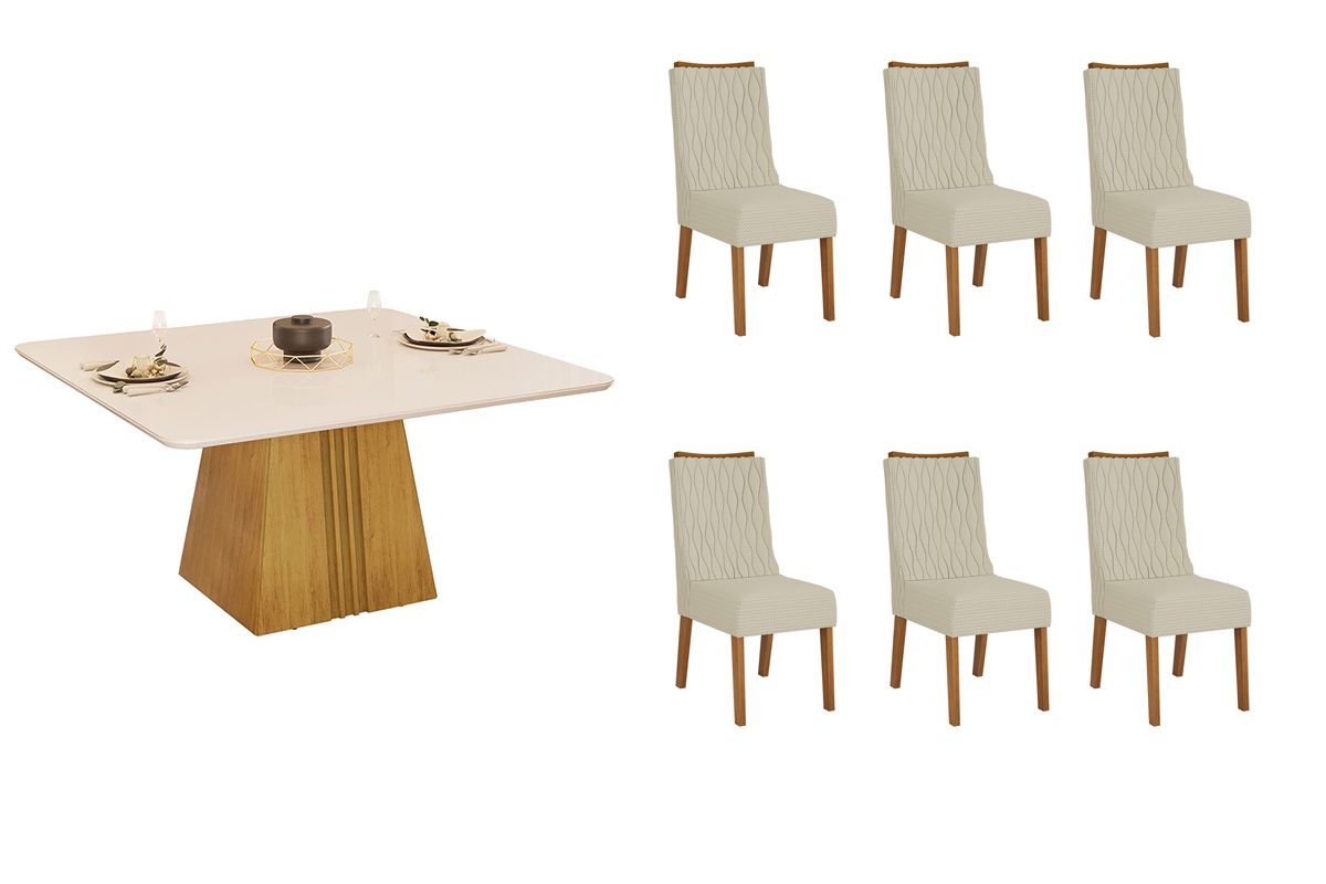 Sala de Jantar Completa Itália c/ Tampo Madeirado c/ Vidro Curvo 136x136cm e 6 Cadeiras Jade - DJ Móveis