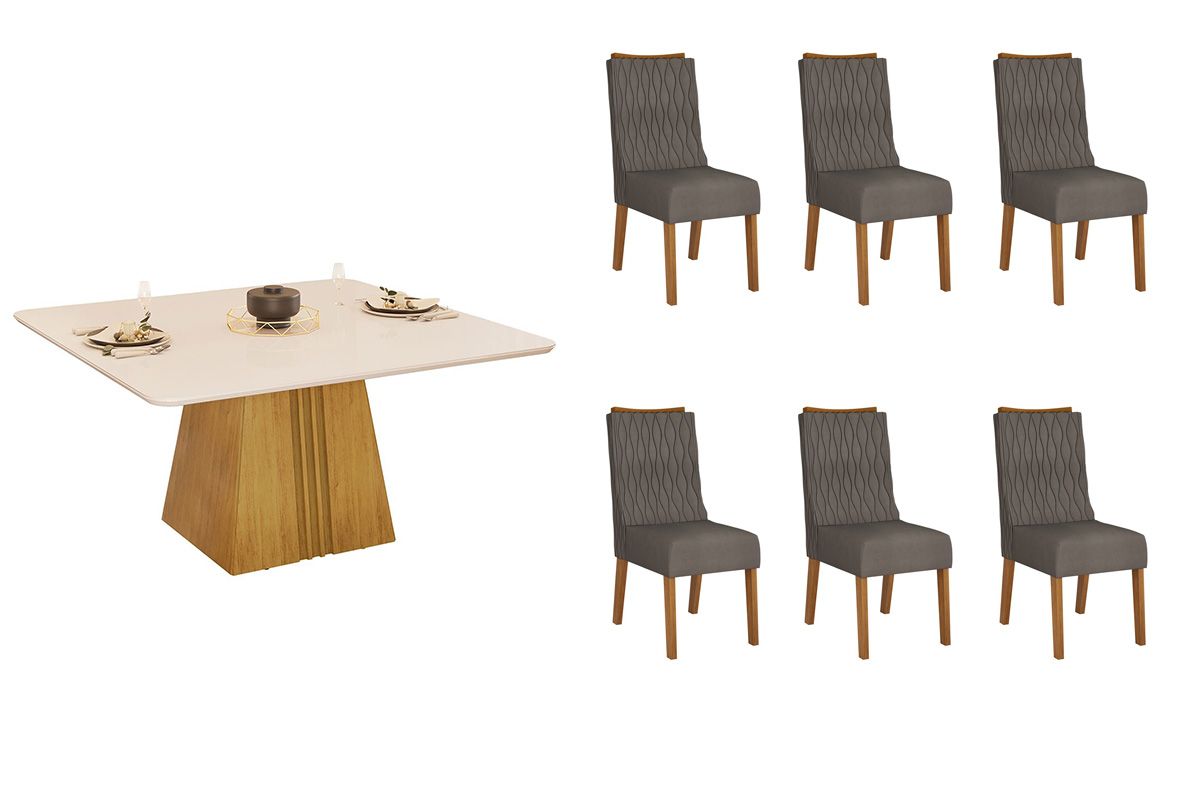 Sala de Jantar Completa Itália c/ Tampo Madeirado c/ Vidro Curvo 136x136cm e 6 Cadeiras Jade - DJ Móveis