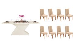Sala de Jantar Completa Zafira c/ Tampo Madeirado c/ Vidro Curvo 200x100cm e 8 Cadeiras Lia - DJ Móveis