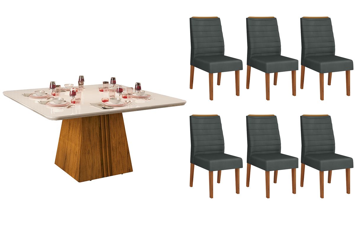 Sala de Jantar Completa Itália c/ Tampo Madeirado c/ Vidro Curvo 136x136cm e 6 Cadeiras Ondina - DJ Móveis