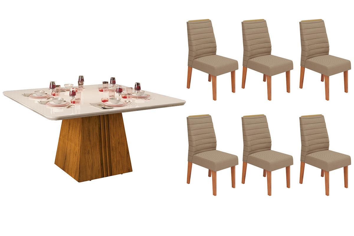 Sala de Jantar Completa Itália c/ Tampo Madeirado c/ Vidro Curvo 136x136cm e 6 Cadeiras Ondina - DJ Móveis