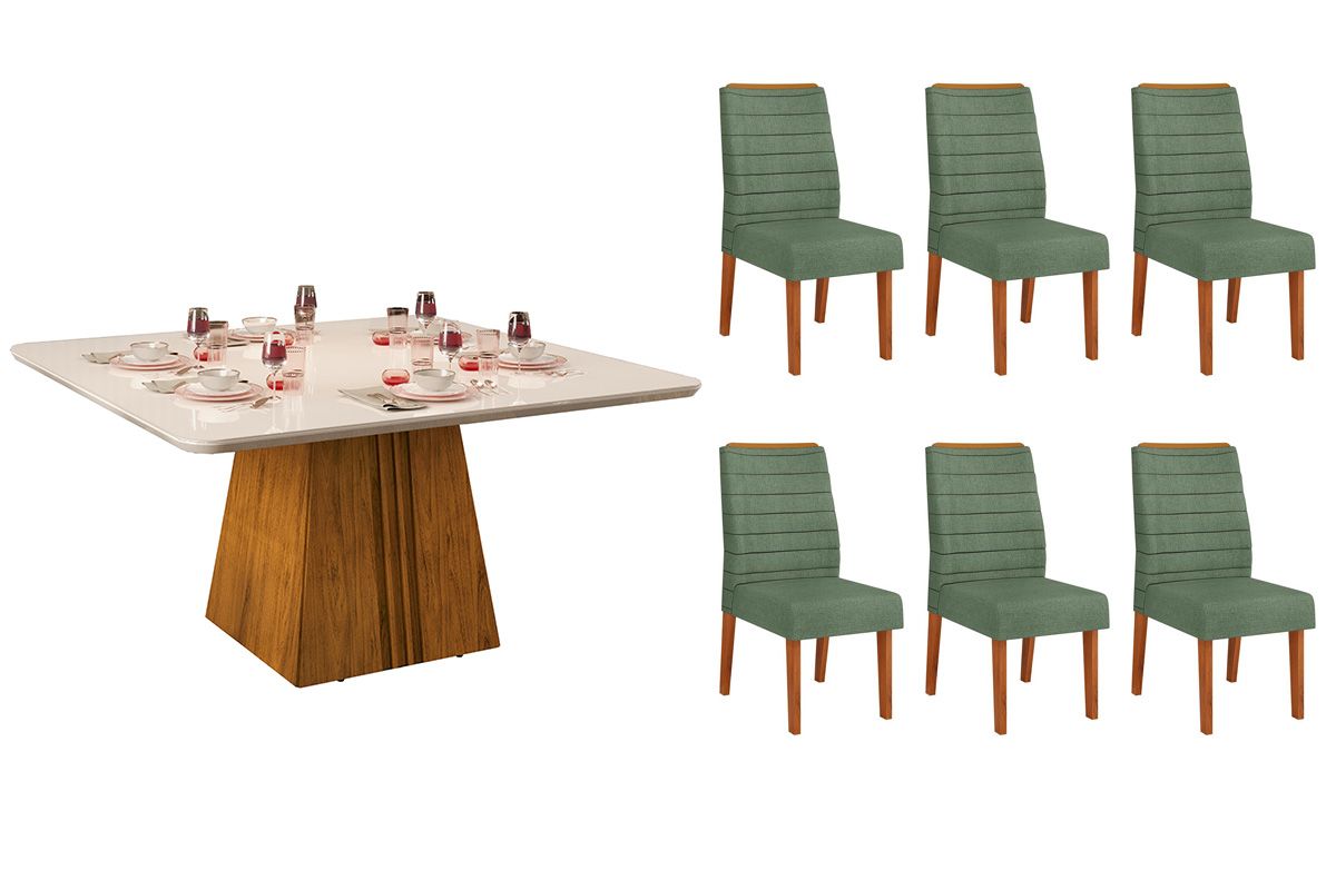 Sala de Jantar Completa Itália c/ Tampo Madeirado c/ Vidro Curvo 136x136cm e 6 Cadeiras Ondina - DJ Móveis