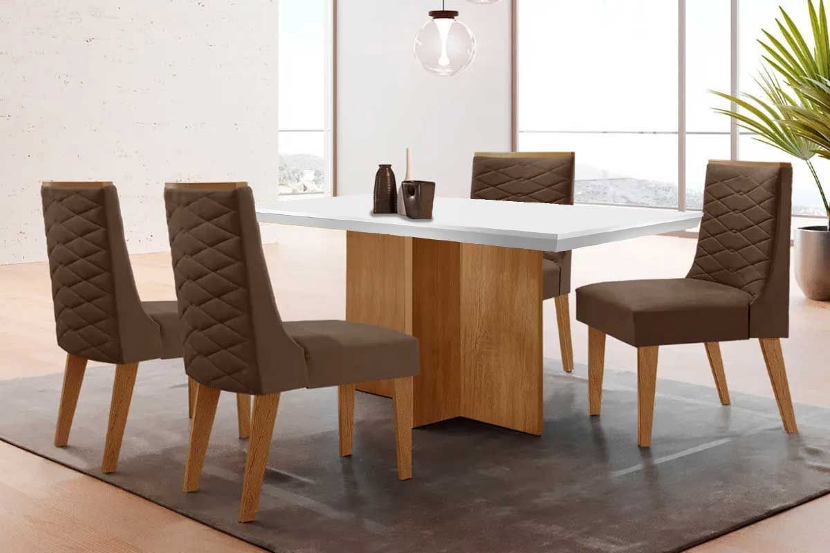 Sala de Jantar Completa Berlim c/ Tampo Madeirado c/ Vidro Canto Curvo 120x80cm e 4 Cadeiras Dafne Madeira Maciça - Rufato