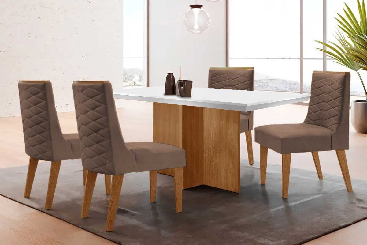 Sala de Jantar Completa Berlim c/ Tampo Madeirado c/ Vidro Canto Curvo 120x80cm e 4 Cadeiras Dafne Madeira Maciça - Rufato