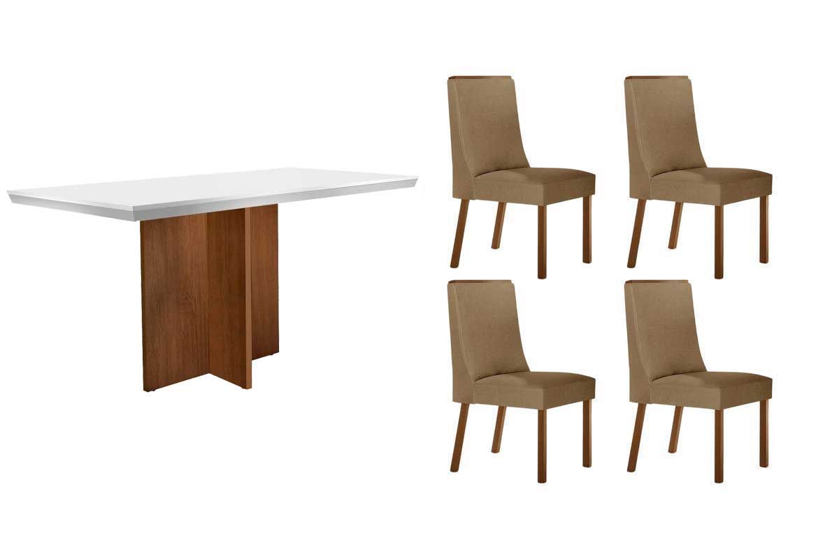 Sala de Jantar Completa Berlim c/ Tampo Madeirado c/ Vidro Canto Curvo 120x80cm e 4 Cadeiras Dakota Madeira Maciça - Rufato