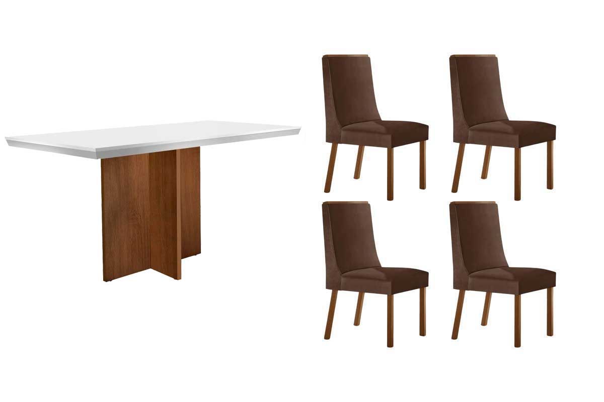 Sala de Jantar Completa Berlim c/ Tampo Madeirado c/ Vidro Canto Curvo 120x80cm e 4 Cadeiras Dakota Madeira Maciça - Rufato