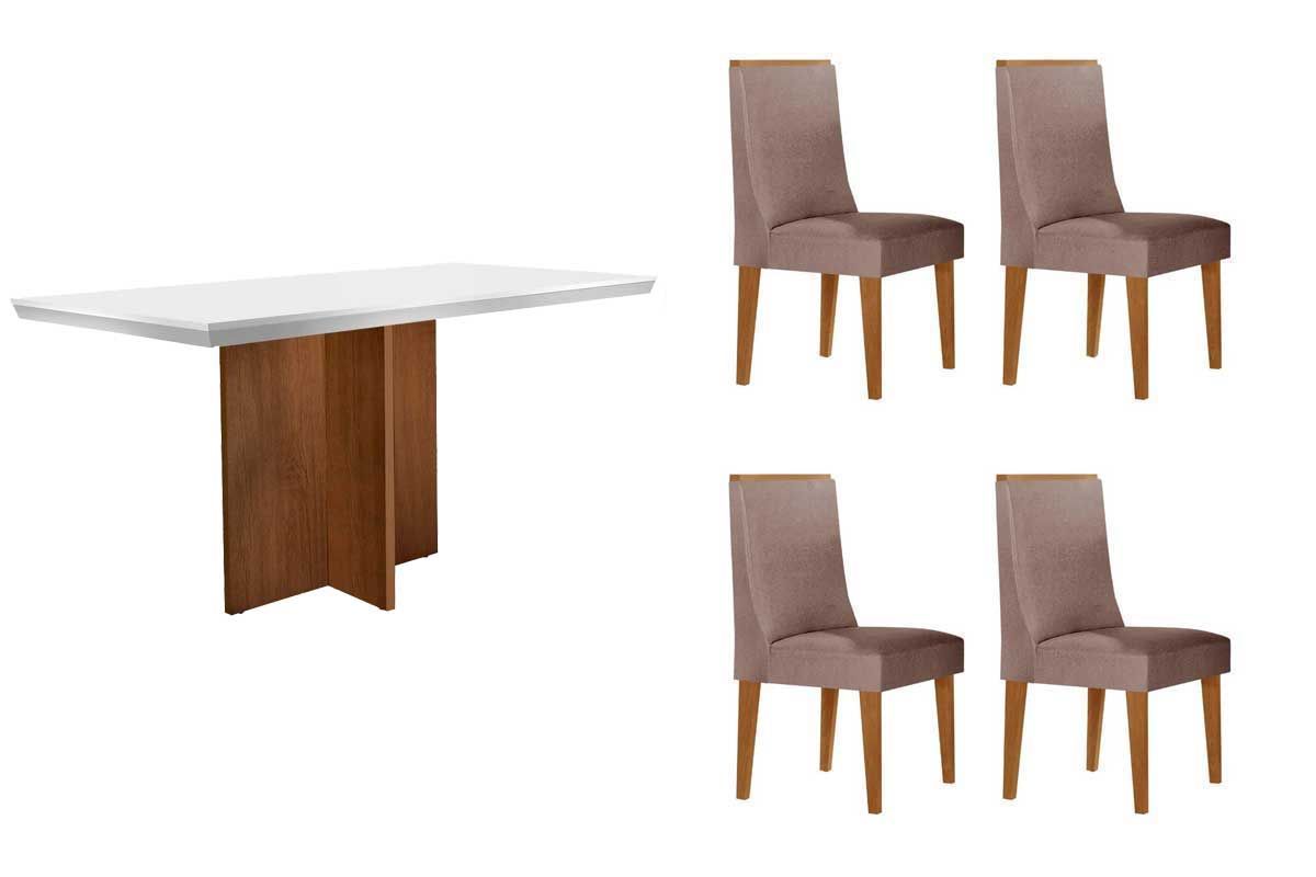 Sala de Jantar Completa Berlim c/ Tampo Madeirado c/ Vidro Canto Curvo 120x80cm e 4 Cadeiras Dakota Madeira Maciça - Rufato