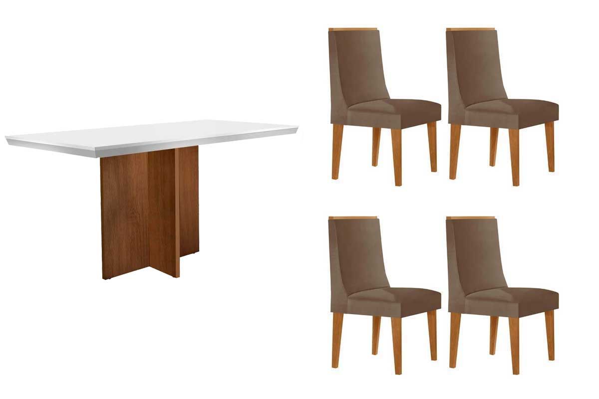 Sala de Jantar Completa Berlim c/ Tampo Madeirado c/ Vidro Canto Curvo 120x80cm e 4 Cadeiras Dakota Madeira Maciça - Rufato
