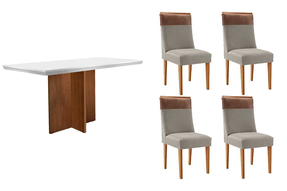 Sala de Jantar Completa Berlim c/ Tampo Madeirado c/ Vidro Canto Curvo 120x80cm e 4 Cadeiras Jaspe Madeira Maciça - Rufato