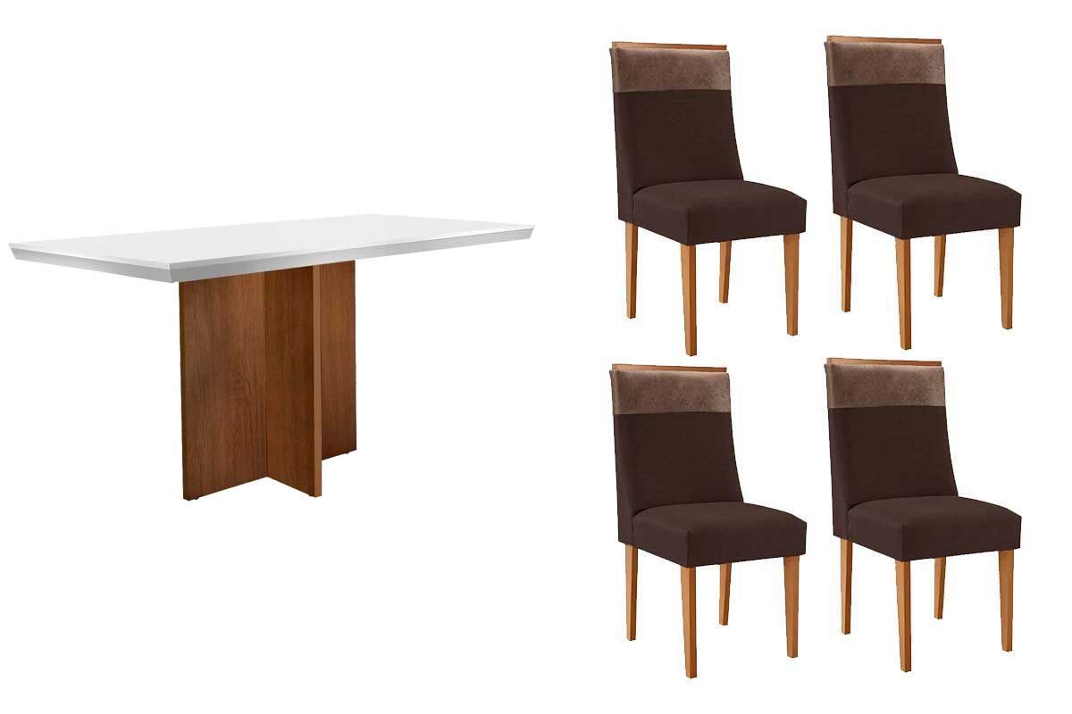 Sala de Jantar Completa Berlim c/ Tampo Madeirado c/ Vidro Canto Curvo 120x80cm e 4 Cadeiras Jaspe Madeira Maciça - Rufato