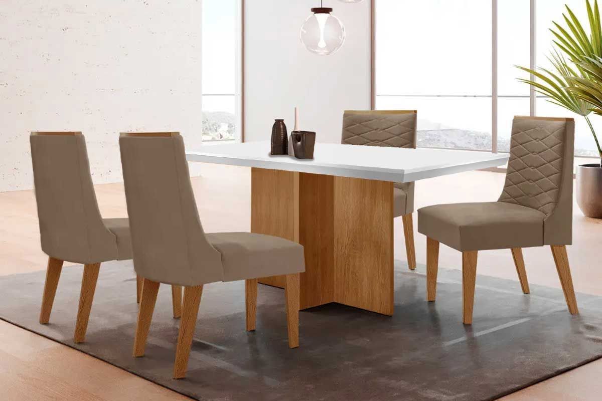 Sala de Jantar Completa Berlim c/ Tampo Madeirado c/ Vidro Canto Curvo 120x80cm e 4 Cadeiras Maldivas Madeira Maciça - Rufato
