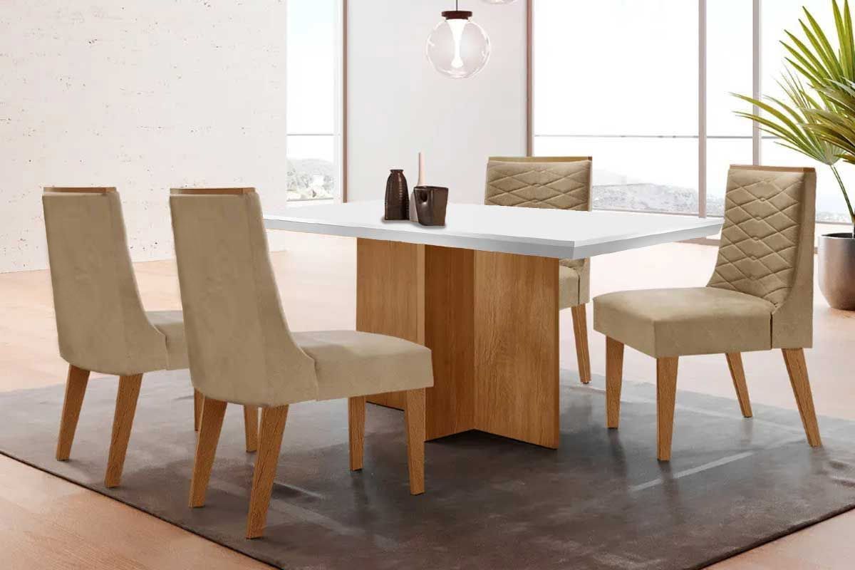 Sala de Jantar Completa Berlim c/ Tampo Madeirado c/ Vidro Canto Curvo 120x80cm e 4 Cadeiras Maldivas Madeira Maciça - Rufato