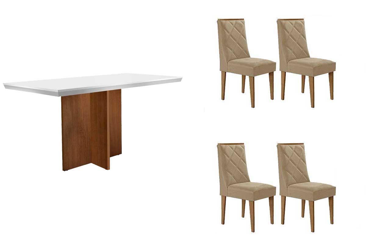 Sala de Jantar Completa Berlim c/ Tampo Madeirado c/ Vidro Canto Curvo 120x80cm e 4 Cadeiras Pietá Madeira Maciça - Rufato
