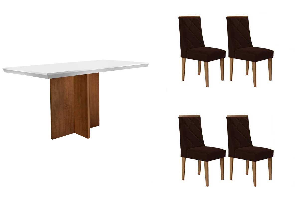 Sala de Jantar Completa Berlim c/ Tampo Madeirado c/ Vidro Canto Curvo 120x80cm e 4 Cadeiras Pietá Madeira Maciça - Rufato