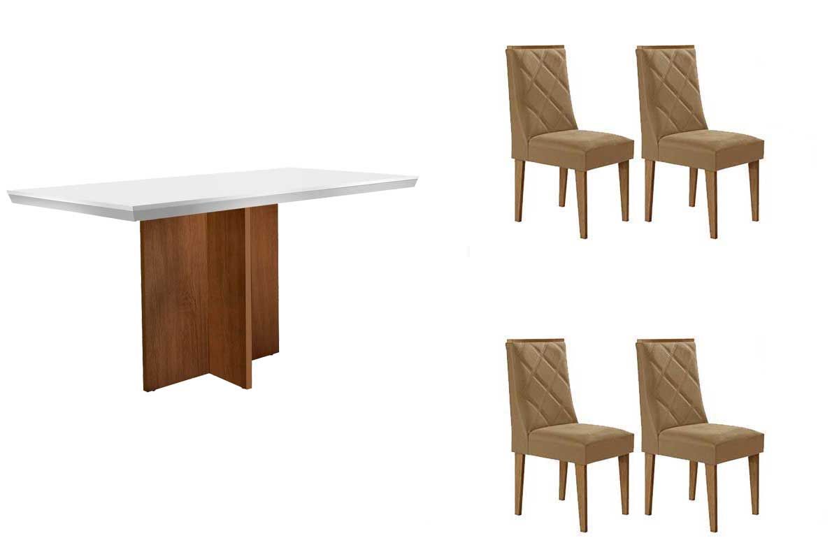 Sala de Jantar Completa Berlim c/ Tampo Madeirado c/ Vidro Canto Curvo 120x80cm e 4 Cadeiras Pietá Madeira Maciça - Rufato