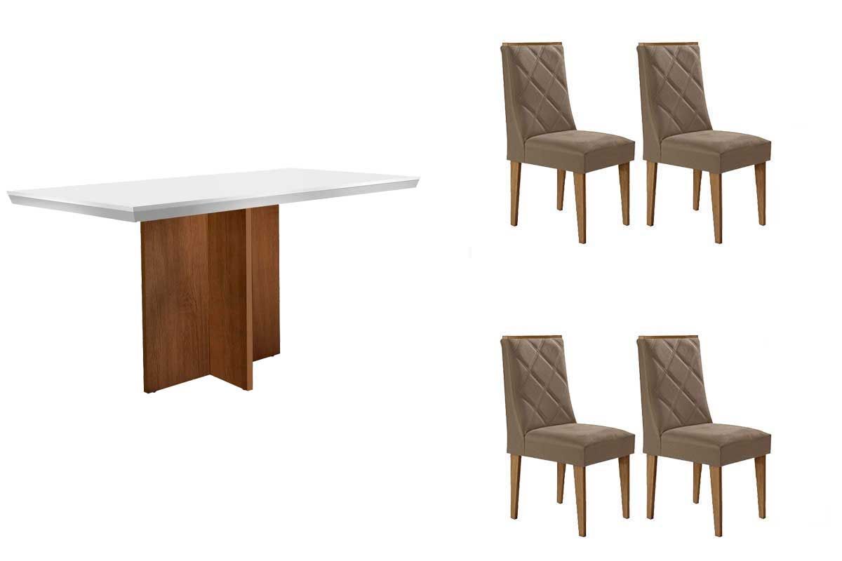 Sala de Jantar Completa Berlim c/ Tampo Madeirado c/ Vidro Canto Curvo 120x80cm e 4 Cadeiras Pietá Madeira Maciça - Rufato