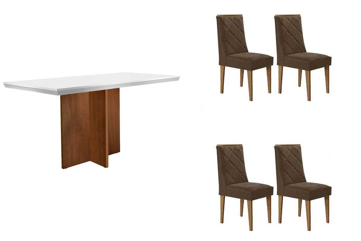 Sala de Jantar Completa Berlim c/ Tampo Madeirado c/ Vidro Canto Curvo 120x80cm e 4 Cadeiras Pietá Madeira Maciça - Rufato