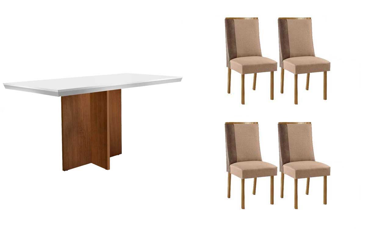 Sala de Jantar Completa Berlim c/ Tampo Madeirado c/ Vidro Canto Curvo 120x80cm e 4 Cadeiras Tilia Madeira Maciça - Rufato