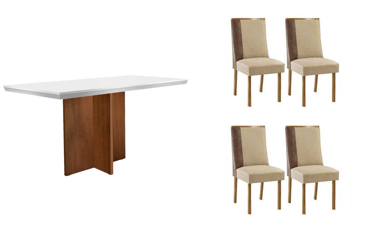 Sala de Jantar Completa Berlim c/ Tampo Madeirado c/ Vidro Canto Curvo 120x80cm e 4 Cadeiras Tilia Madeira Maciça - Rufato