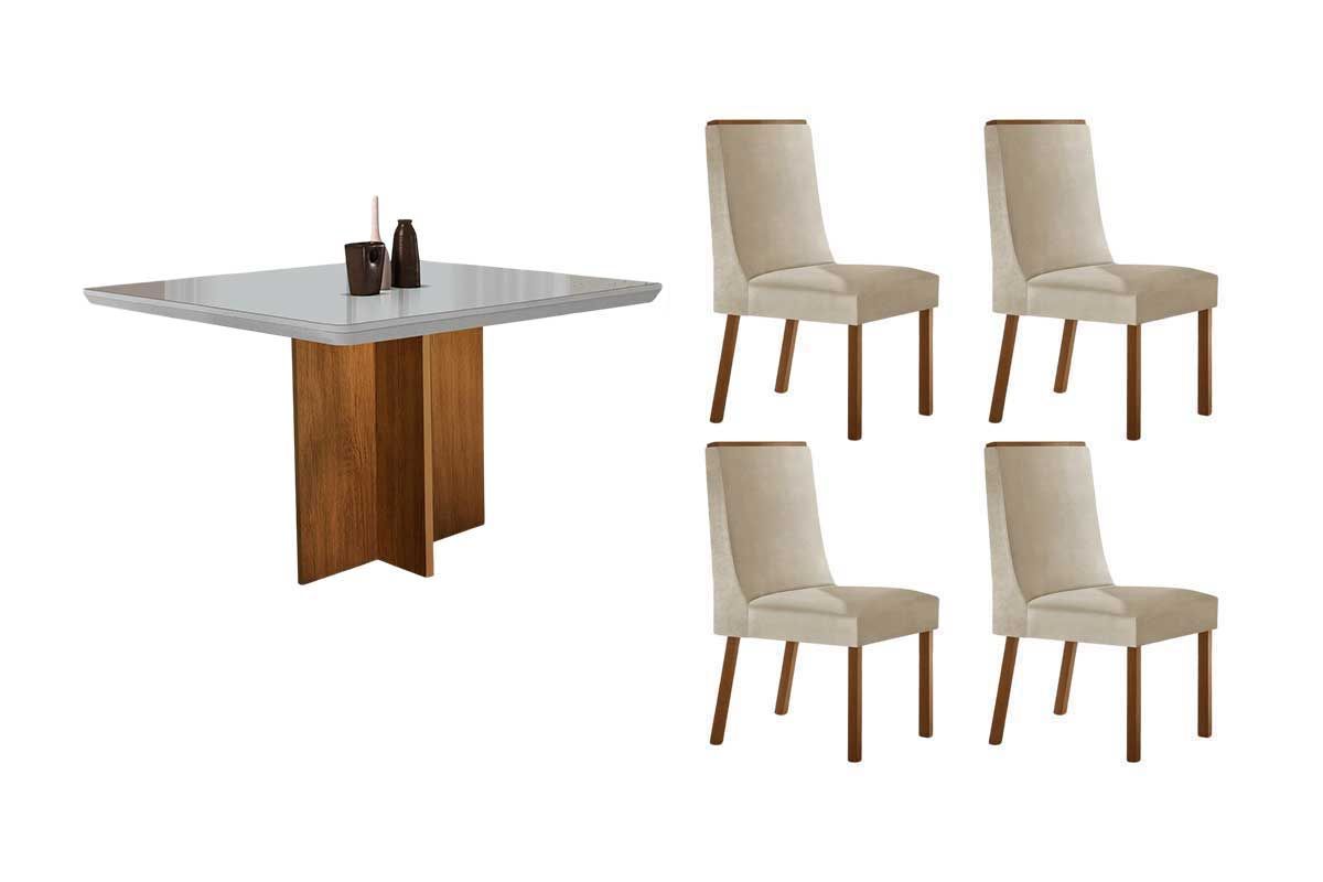 Sala Jantar Mesa Berlim Tampo c/ Vidro Curvo 90cm+ 4 Cadeiras Dakota Madeira - Rufato
