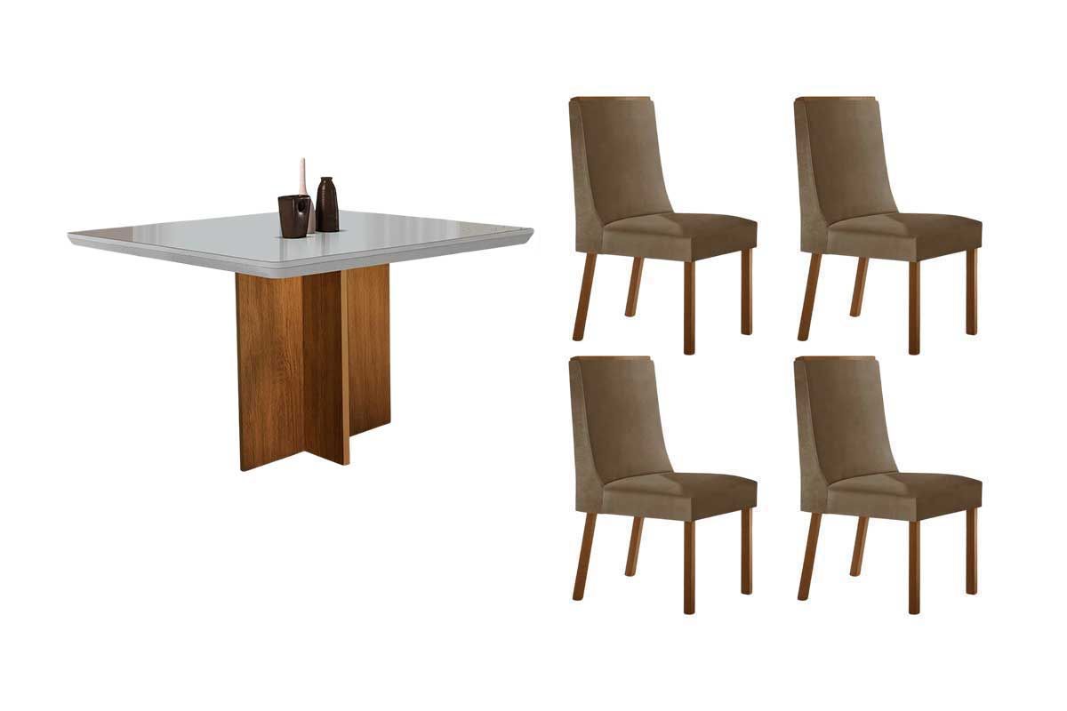 Sala Jantar Mesa Berlim Tampo c/ Vidro Curvo 90cm+ 4 Cadeiras Dakota Madeira - Rufato