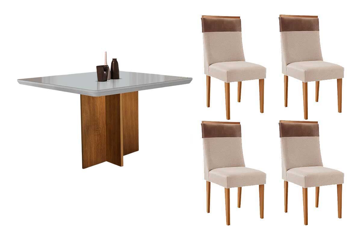 Sala Jantar Mesa Berlim Tampo c/ Vidro Curvo 90cm+4 Cadeiras Jaspe Madeira - Rufato