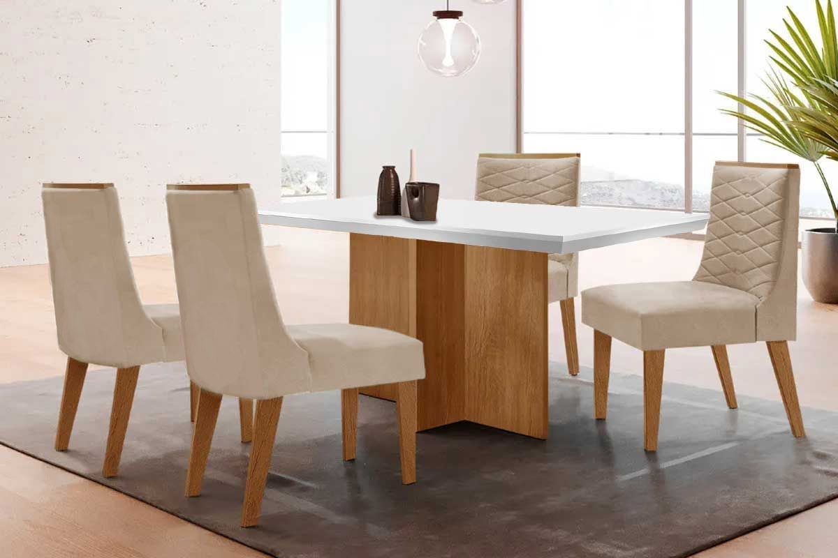 Sala Jantar Mesa Berlim Tampo c/ Vidro Curvo 90cm+4 Cadeiras Maldivas Madeira - Rufato