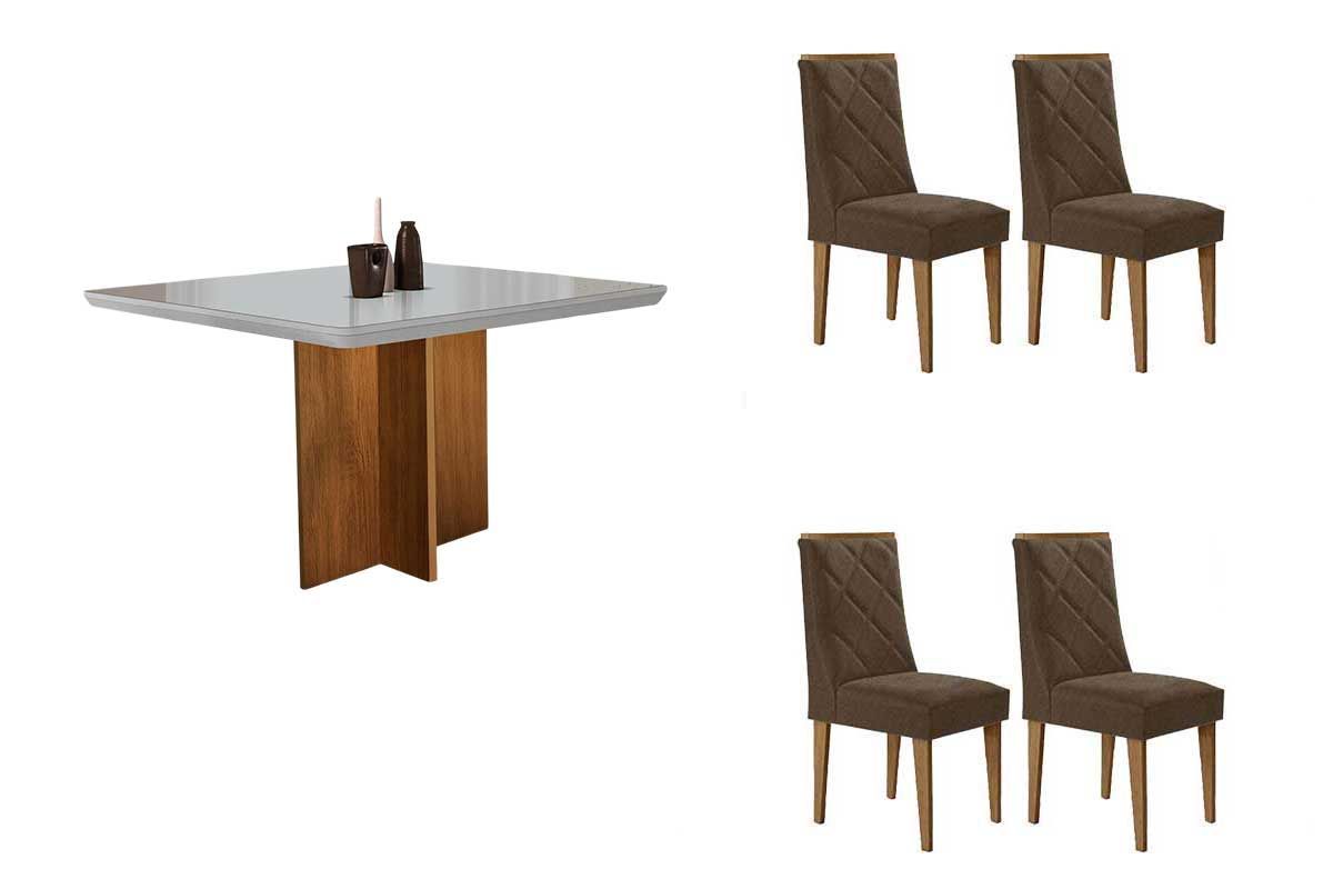 Sala Jantar Mesa Berlim Tampo c/ Vidro Curvo 90cm+4 Cadeiras Pietá Madeira - Rufato