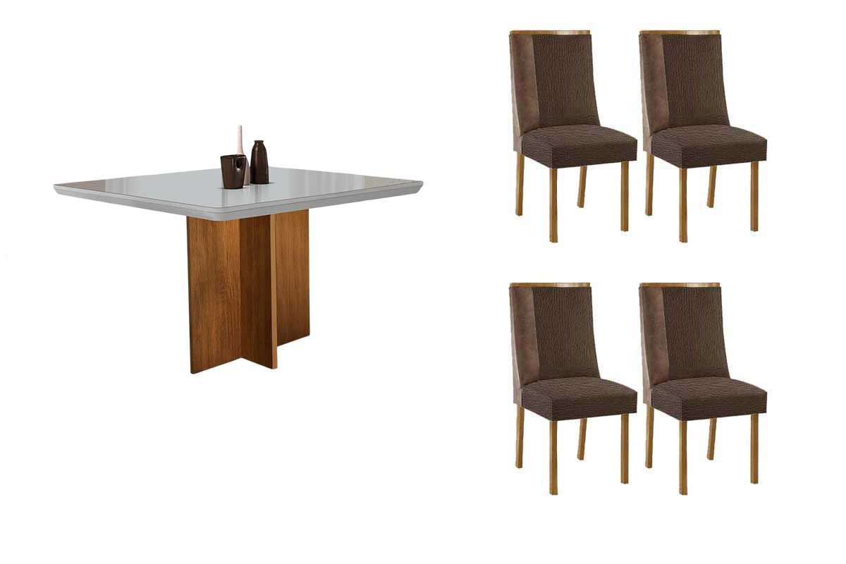 Sala Jantar Mesa Berlim Tampo c/ Vidro Curvo 90cm+4 Cadeiras Tilia Madeira - Rufato