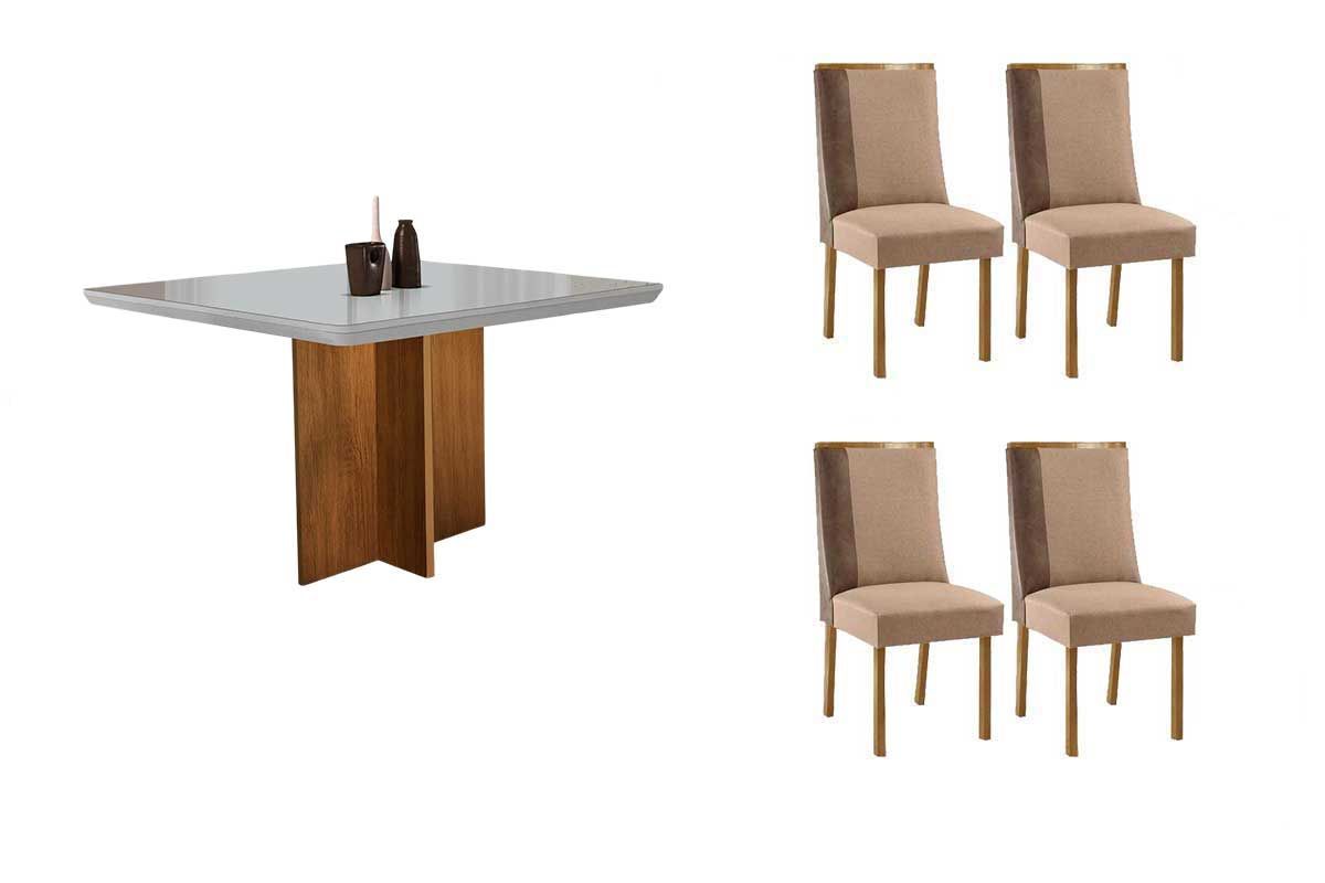 Sala Jantar Mesa Berlim Tampo c/ Vidro Curvo 90cm+4 Cadeiras Tilia Madeira - Rufato