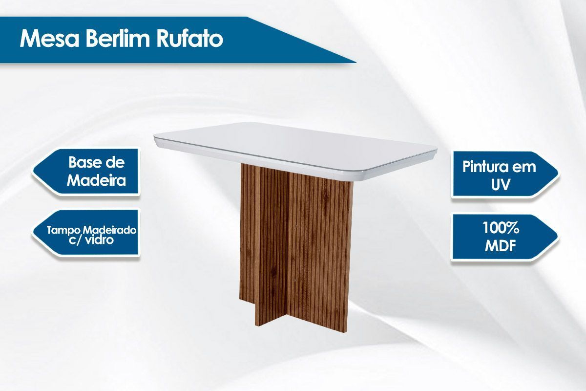 Sala Jantar Mesa Berlim Tampo c/ Vidro Curvo 90cm+4 Cadeiras Tilia Madeira - Rufato