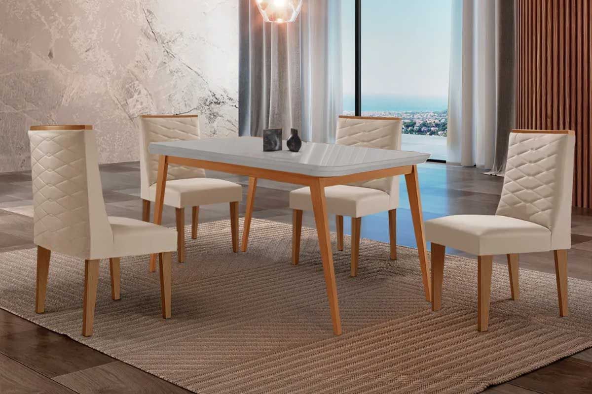 Sala Jantar Mesa Havana Tampo c/ Vidro Curvo 120cm+4 Cadeiras Dafne Madeira - Rufato
