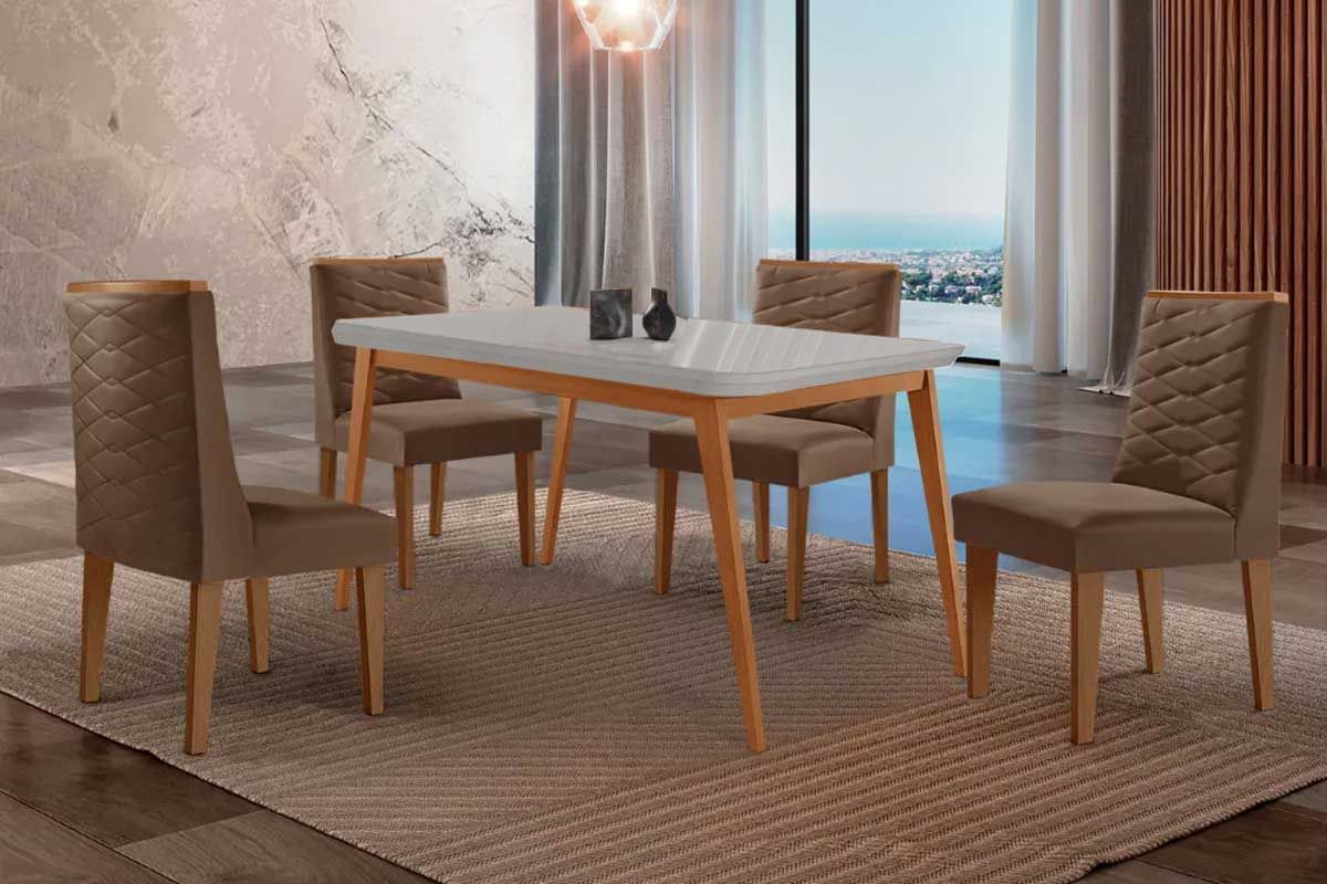 Sala Jantar Mesa Havana Tampo c/ Vidro Curvo 120cm+4 Cadeiras Dafne Madeira - Rufato