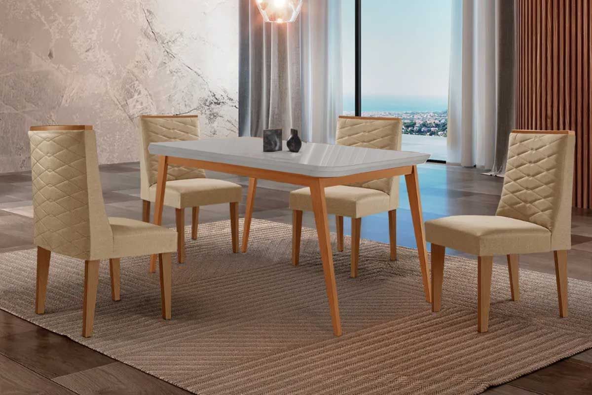 Sala Jantar Mesa Havana Tampo c/ Vidro Curvo 120cm+4 Cadeiras Dafne Madeira - Rufato