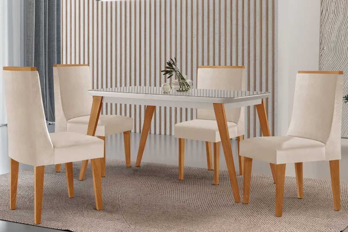 Sala Jantar Mesa Havana Curvo 120cm + 4 Cadeiras Dakota - Rufato